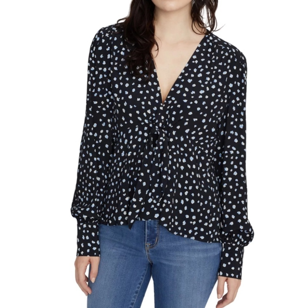 NWT Sanctuary Women's Ella Print Tie Front Blouse Blue Black